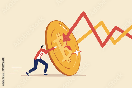 Bitcoin as safe haven of crypto and stock market crash, shield or guard in financial crisis or bubble burst, protect from losing wealth concept, businessman investor hidden behind bitcoin shield.