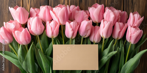 Tulip Elegance and Message: A vibrant bouquet of pink tulips rests against a rich wooden backdrop, complemented by a blank card. The tulips symbolize elegance and warmth.