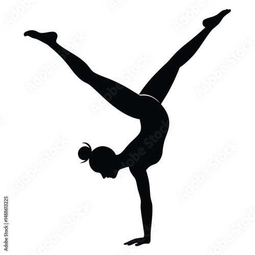 Black silhouette of a female gymnast in handstand pose performing artistic gymnastics
