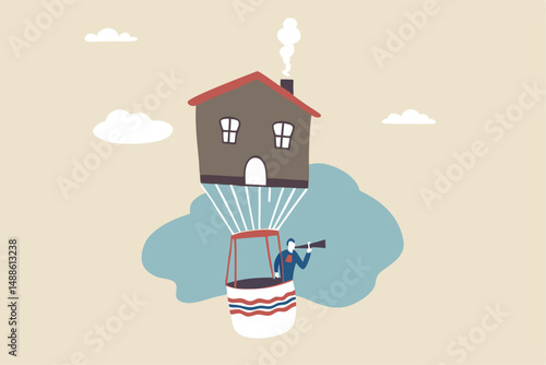 Finding new home or moving to new house, search or discover real estate or property profit, visionary or idea for buy, rent or mortgage loan, smart businessman flying on house balloon to see vision.