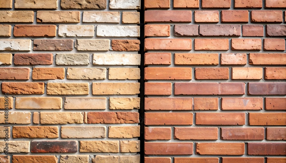 Fototapeta premium Contrast between modern red brick wall and rustic beige brick wall