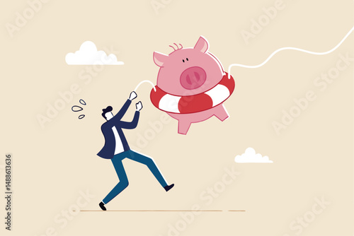 Emergency fund or money to help in crisis situation, savings for unexpected expense or losing job, emergency loan concept, happy businessman catching piggybank with lifebuoy as life support in crisis.