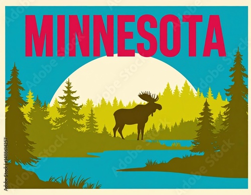 Vintage minnesota travel poster with moose silhouette and forest landscape