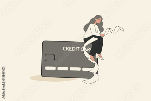 Credit card debt problem, overspend or shopping trouble, consumerism or buying addicted causing financial problem concept, hopeless woman sitting with long list overdue bills on credit card.