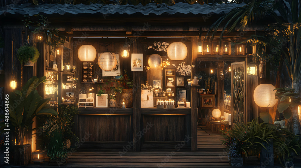 Obraz premium Cozy Night Market Stall Decorated with Lanterns and Plants