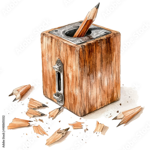 Wooden Pencil Sharpener With Shavings, watercolor painting vector, high quality, isolated on a white background.