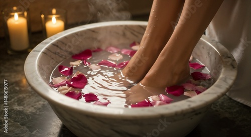 Woman enjoying hot foot bath with rose petals in relaxing spa atmosphere