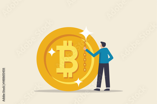 What is Bitcoin and blockchain technology, knowledge or crypto currency technology, blockchain class and education concept, businessman expert explain blockchain technology on golden Bitcoin coin.