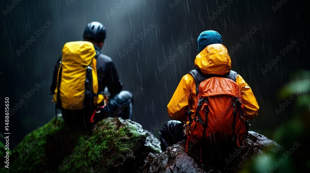 Fototapeta premium Two people are sitting on a rock in the rain, wearing backpacks
