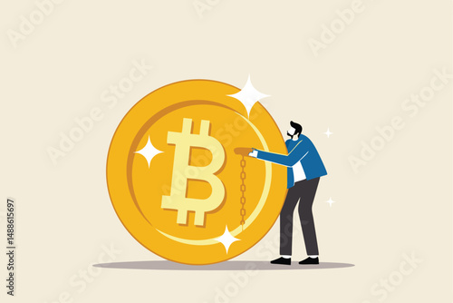 What is Bitcoin and blockchain technology, knowledge or crypto currency technology, blockchain class and education concept, businessman expert explain blockchain technology on golden Bitcoin coin.