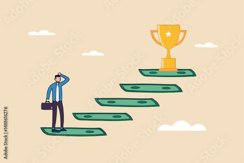 Stairway to money success, financial independent or financial freedom, income growth or wealth management or investment opportunity concept, businessman about to step on money stair to achieve goal.