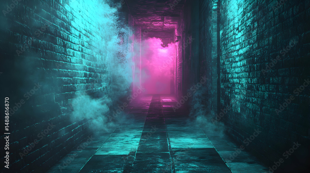 Obraz premium Mysterious Alleyway with Neon Lights and Fog Effects at Night