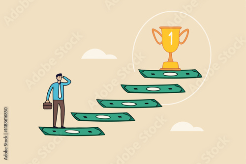 Stairway to money success, financial independent or financial freedom, income growth or wealth management or investment opportunity concept, businessman about to step on money stair to achieve goal.