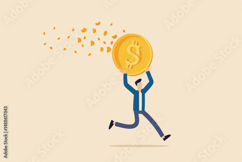 Bitcoin price falling down make investor or trader losing money, crypto value dissolve into dust particle concept, frustrated investor trader running away with his dissolving, crash into dust Bitcoin.