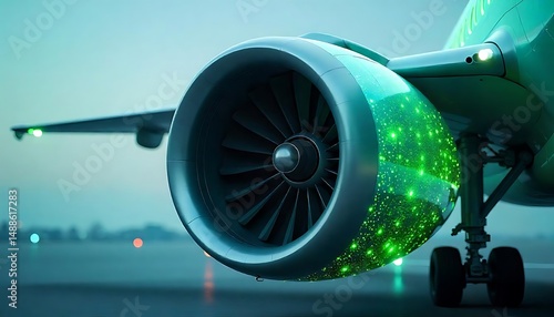 aircraft turbine engine with vibrant green and blue hues. Sustainable jet fuel tech concept design. Innovation industry, modern transportation, aviation energy efficient, created with generative ai