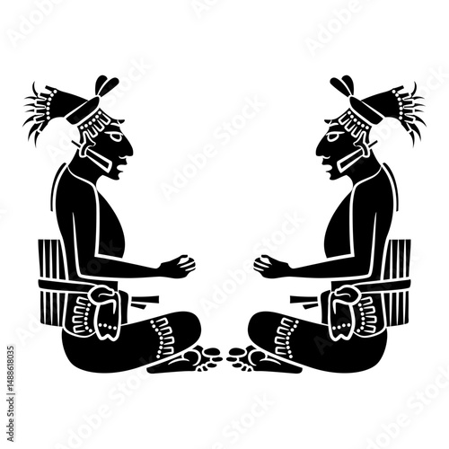 Symmetrical ethnic design with two seated Mayan men. Native American pre Columbian art. Black and white silhouette.