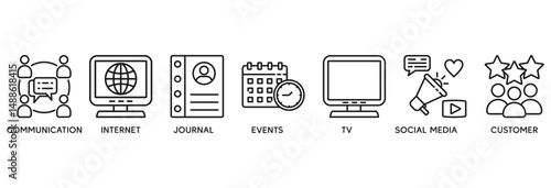Public relations icon set vector illustration concept relate to communication, internet, journal, events, radio, tv, social media, and customer