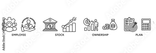 Esop icon set vector illustration concept relate to employee stock ownership plan with icon of management, bank, graph, fund, investment and statistics