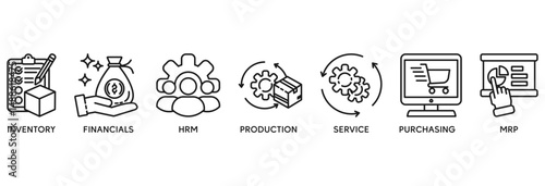 ERP icon set vector illustration concept relate to enterprise resource planning with icon of inventory, financials, hrm, production, service, purchasing, and mrp