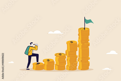 Start invest in stock market, begin savings to achieve financial goal, power of compound interest, collecting wealth, young adult office man carrying money coin start step on compound money stack.