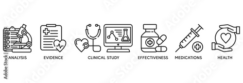 Clinical research icon set vector illustration concept relate to analysis, evidence, clinical study, effectiveness, medications and health