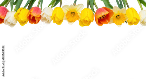 Row of colorful tulips and daffodils isolated on transparent background
