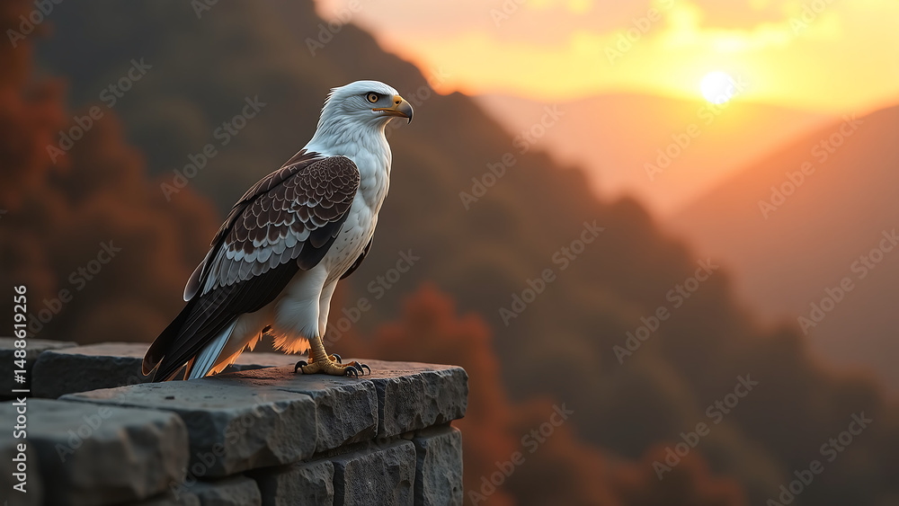 Fototapeta premium majestic eagle perches atop weathered hungarian stone wall dawn snowy feathers glowing warmly soft golden