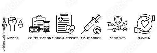 Personal injury law icon set vector illustration concept relate to lawyer, compensation, medical reports, malpractice, accidents and empathy