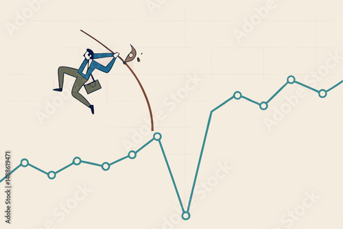Overcome or get pass stock market down or crypto currency market drop, investment risk challenge or market volatility concept, confident businessman investor pole vault jump over market drop graph.