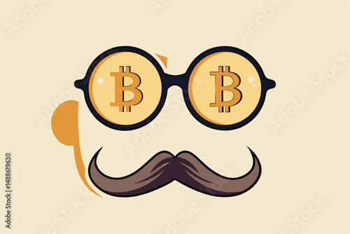 Bitcoin whale or anonymous who rich with bitcoin crypto trading, cryptocurrency guru or success investor with no identity concept, fancy nerd eyeglasses with precious Bitcoin symbol and mustache.