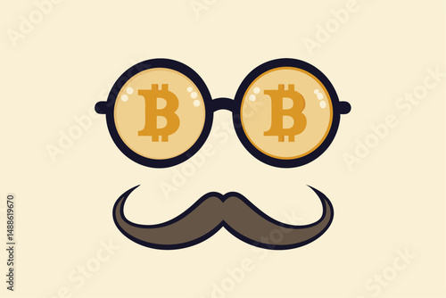Bitcoin whale or anonymous who rich with bitcoin crypto trading, cryptocurrency guru or success investor with no identity concept, fancy nerd eyeglasses with precious Bitcoin symbol and mustache.