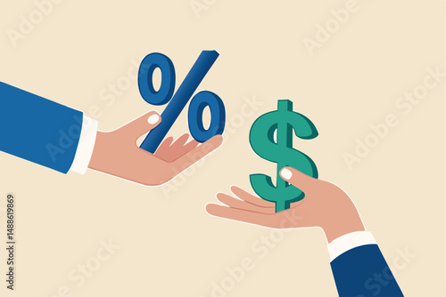 Investment profit earnings, interest rate or dividends percentage, offer discount or sale, income tax or make money concept, businessman hand offer percentage sign with other giving dollar money.
