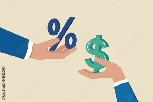 Investment profit earnings, interest rate or dividends percentage, offer discount or sale, income tax or make money concept, businessman hand offer percentage sign with other giving dollar money.