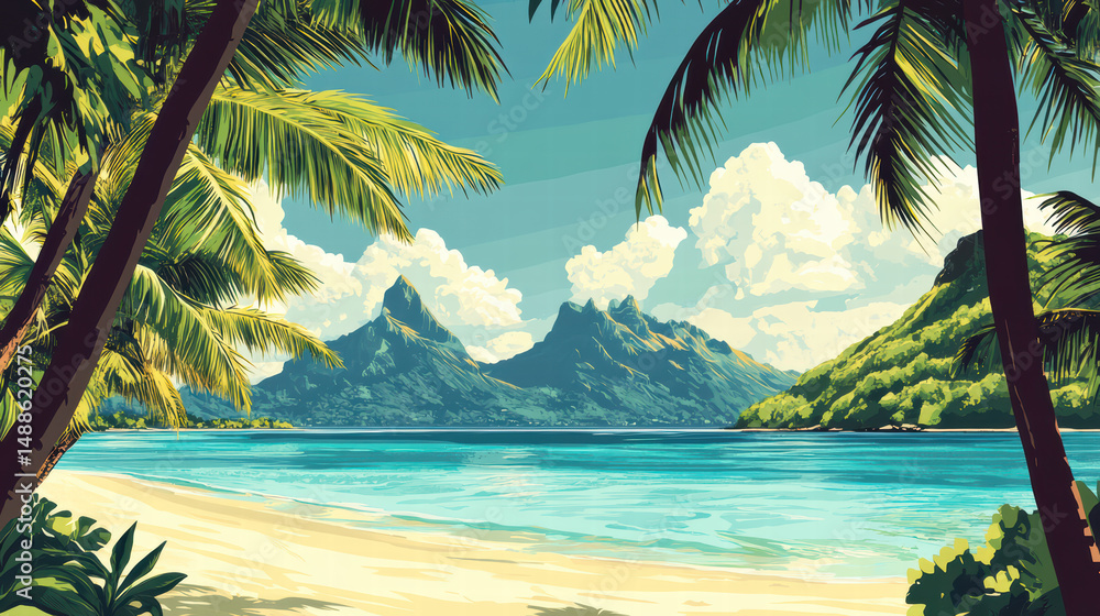 Fototapeta premium Tropical Beach Paradise: A vibrant beach scene with towering mountains, serene blue waters, lush greenery, and swaying palm trees, inviting viewers to experience the tranquility of a tropical getaway.