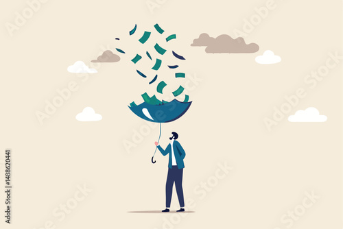 Make money idea, passive income or profit and dividends from stock market investment, financial success concept, rich businessman using umbrella to collect falling money from investment thunderstorm.