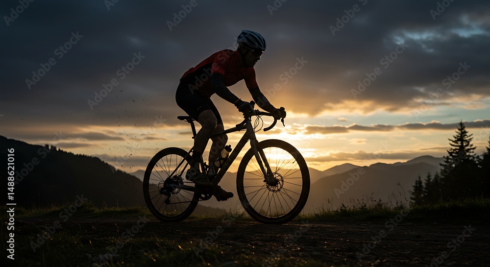 Silhouette of Cyclist Riding Gravel Bike at Sunset Adventure and Freedom Mountain Biking Scenic Outdoors Lifestyle Cycling Silhouette of Cyclist Riding Gravel Bike at Sunset Adventure and Freedom Mountain Biking Scenic Outdoors Lifestyle Cycling