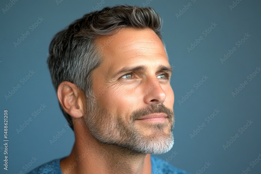 Fototapeta premium Chic men's shoulder-length taper haircut - midlife white man with hair. Conceptual art of style for aging men. A joyful man with a trendy and modern hairstyle. Blue solid background.