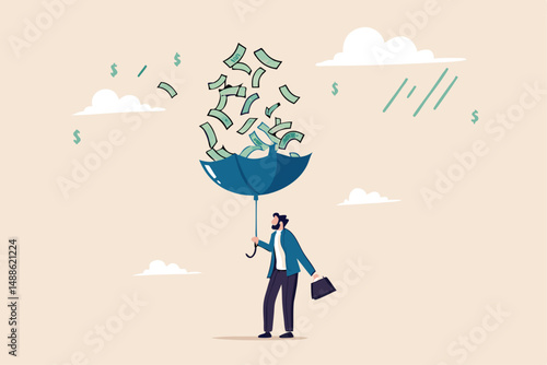Make money idea, passive income or profit and dividends from stock market investment, financial success concept, rich businessman using umbrella to collect falling money from investment thunderstorm.