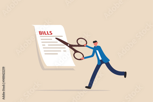Cut bills to reduce cost and expense, tax or payment deduction, limit spending or control cash flow concept, businessman using big scissors to cut pile of bills and expense.
