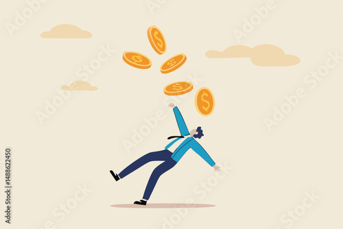 Financial mistake losing money, investment risk or trading failure, debt and loan, cost and expense problem concept, clumsy businessman investor fall on slippery floor losing all money dollar coins.