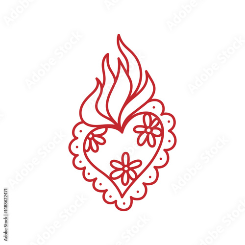 Vintage doodle heart decorated with flowers, lace. Hand-drawn illustration of burning heart fire. Retro design element for cards, invitations. Vector isolated clip art