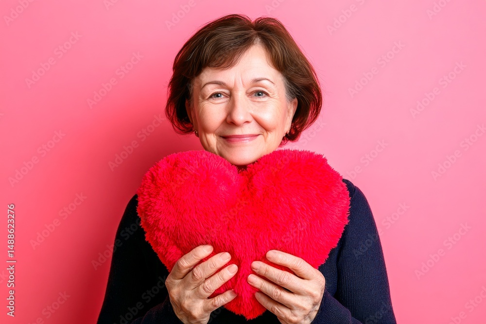 Cute Valentine's Day greeting. Isolated white old woman on pink background with fluffy heart in hands. Professional studio graphic, copy space. Cute Valentine's Day greeting. Isolated white old woman on pink background with fluffy heart in hands. Professional studio graphic, copy space.
