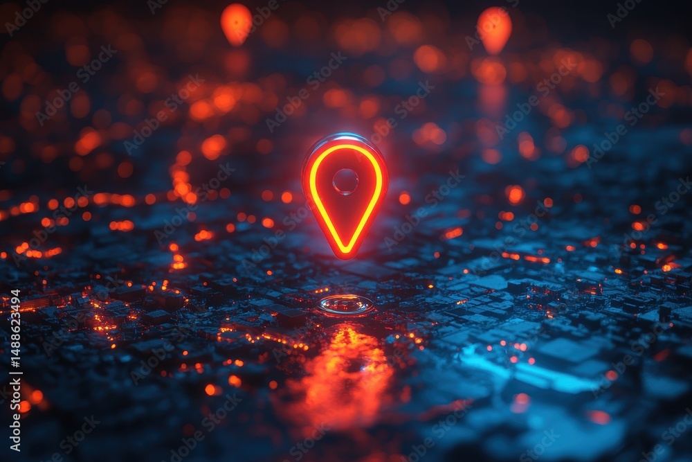 Bright neon location marker shines over a dark city layout at night with reflections on water Bright neon location marker shines over a dark city layout at night with reflections on water