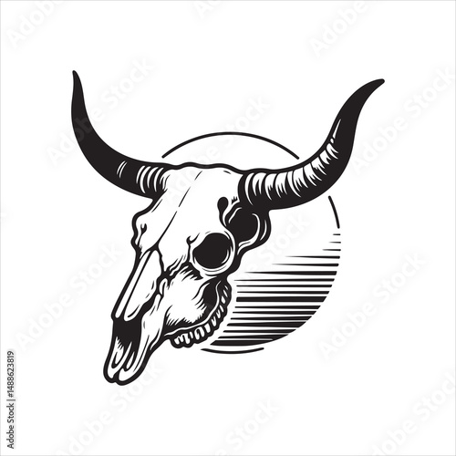 Western Cow Skull with Long Horns – Black and White Vector Line Art