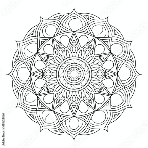 Intricate black and white mandala with geometric circles and triangles – Perfect for meditation themes, interior prints, or design resources