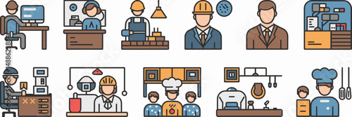 Vector icon sheet showing various workplace professionals – Ideal for career education, business presentations, or industry-themed graphics