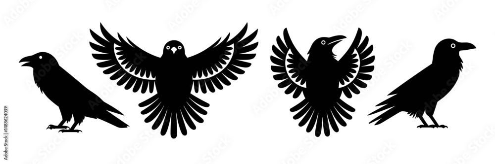 Obraz premium Vector sheet of stylized raven icons on white background