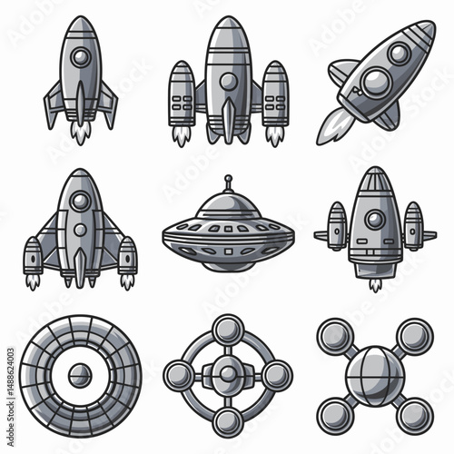 Vector collection of spacecraft icons including rocket, multi-engine spaceship, flying saucer, and ringed spaceship – Perfect for space apps, learning tools, or sci-fi designs