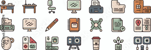 Simple workplace tools and furniture icons – Ideal for office supply catalogs, interior design apps, or productivity apps