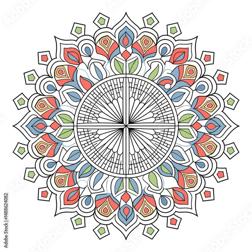 Colorful mandala with central circle and radiating geometric lines – Perfect for art therapy resources, creative posters, or mindfulness media.